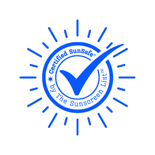 A blue sun stamp with certification tick respresenting The Sunscreen List's SunSafe® approval in the Reef safe category for sun protection that is safe for the ocean's marine life and does not have oxybenzone