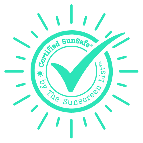 A green sun stamp with certification tick respresenting The Sunscreen List's SunSafe® approval in the Eco category