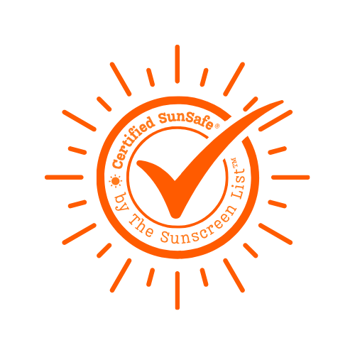 n orange sun stamp with certification tick respresenting The Sunscreen List's SunSafe® approval in the sensitive skin category of sun protection products