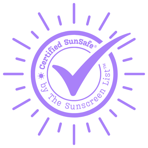 A purple sun stamp with certification tick respresenting The Sunscreen List's SunSafe® approval in the Active category for sweat and water resistant sun protection products
