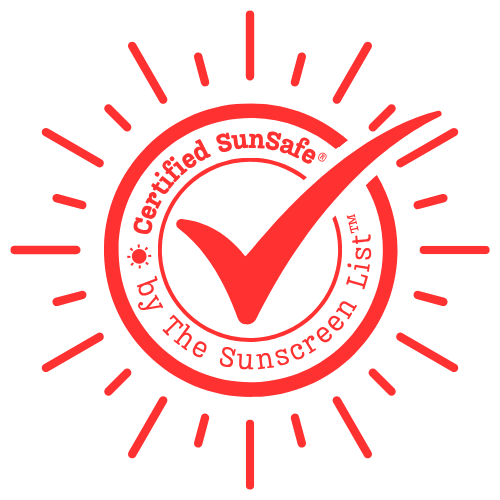 A Red sun stamp with certification tick respresenting The Sunscreen List's SunSafe® approval in the Beauty category
