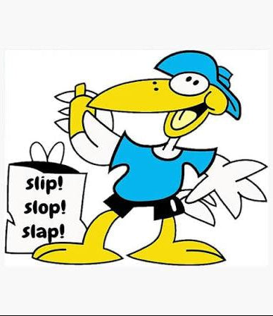 Cartoon character Sid the Seagul from the Cancer Council ads dating back to the 1980s, wears a blue hat, black shorts and yellow feet holding a sign with 'slip! slop! slap!' text.